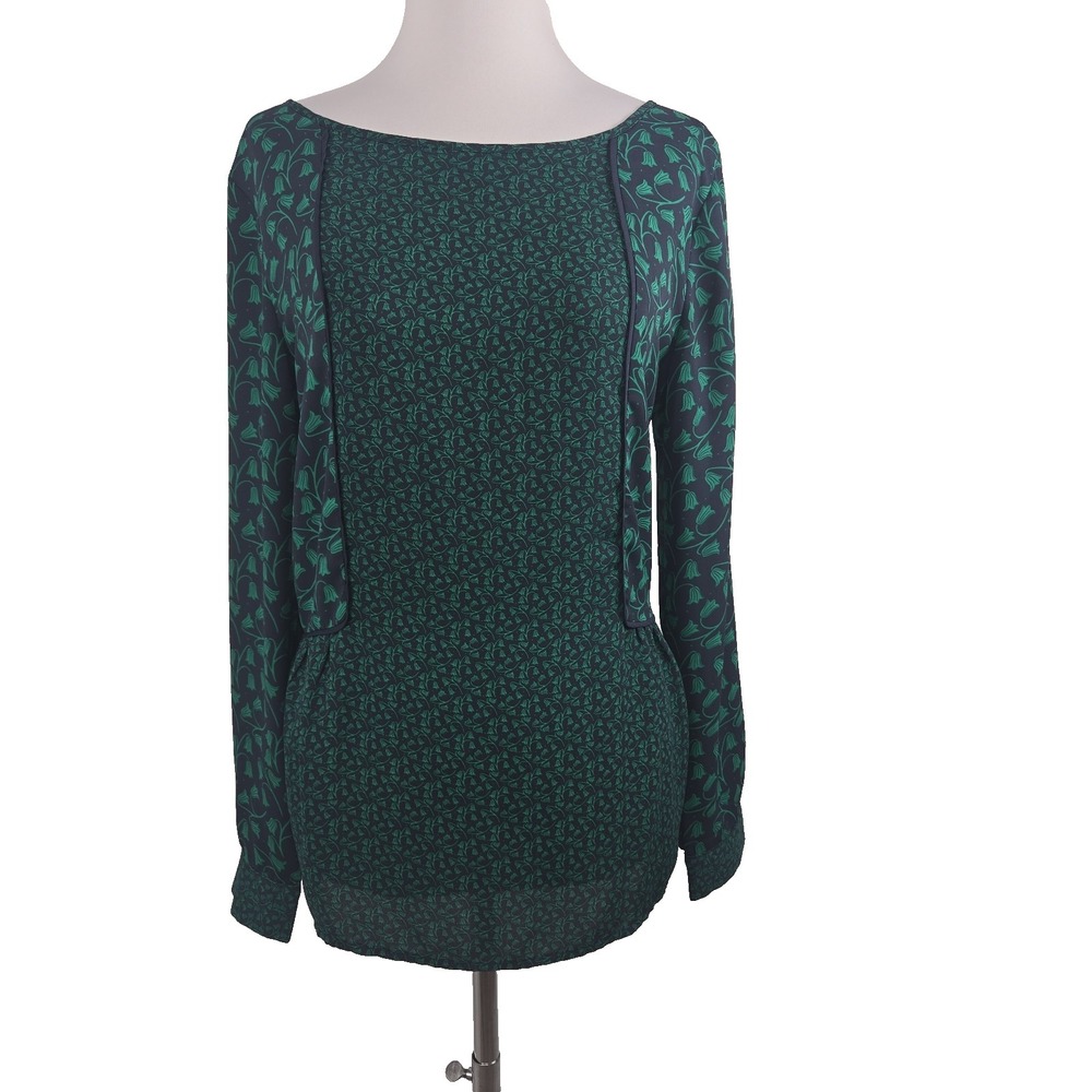 LOFT  Navy Green Floral‎ Long Sleeve Chiffon Top Blouse Medium M